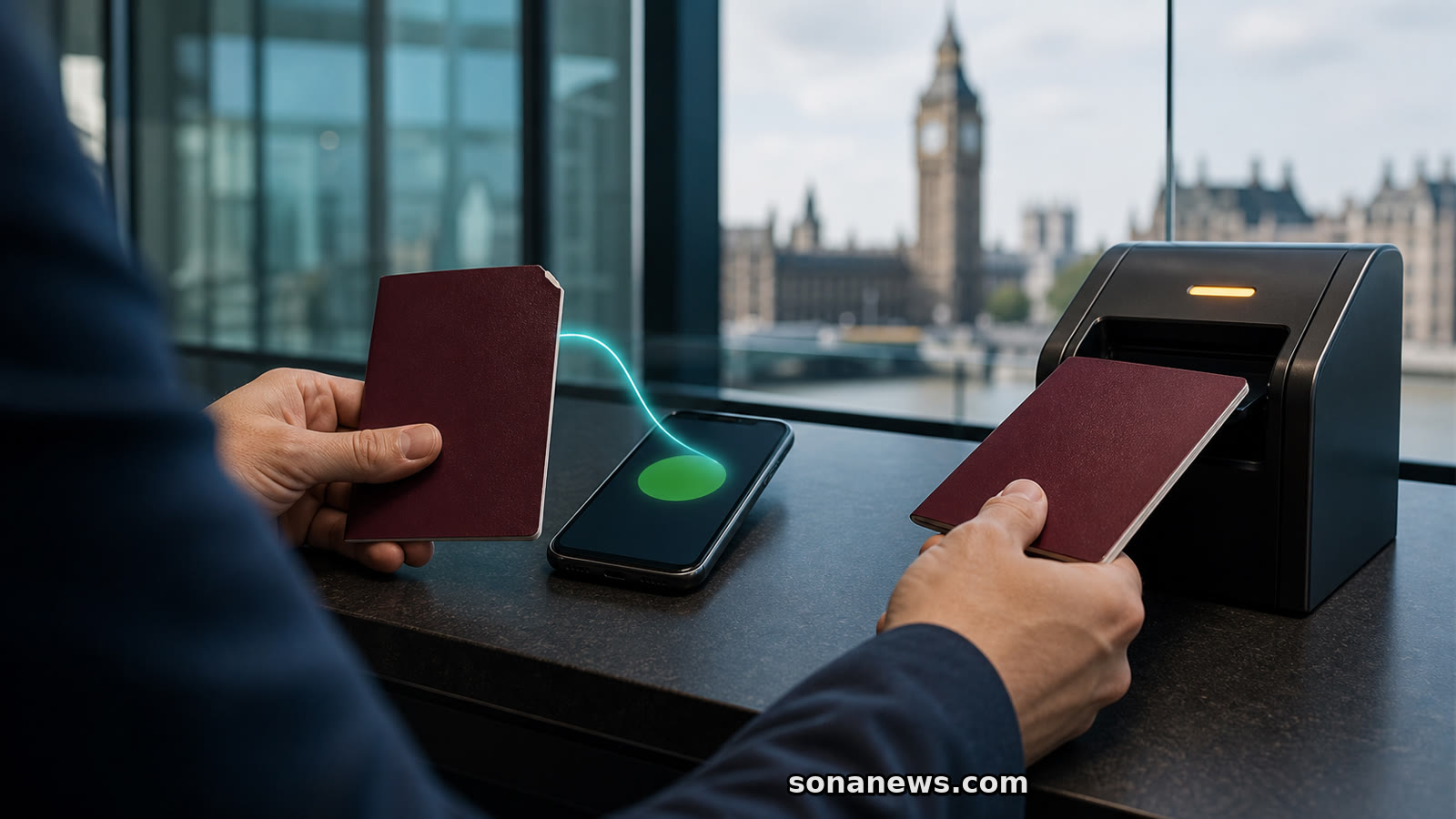 Dos pasaportes burdeos junto a un móvil y un lector de embarque ilustran que la ETA británica queda ligada al documento usado.