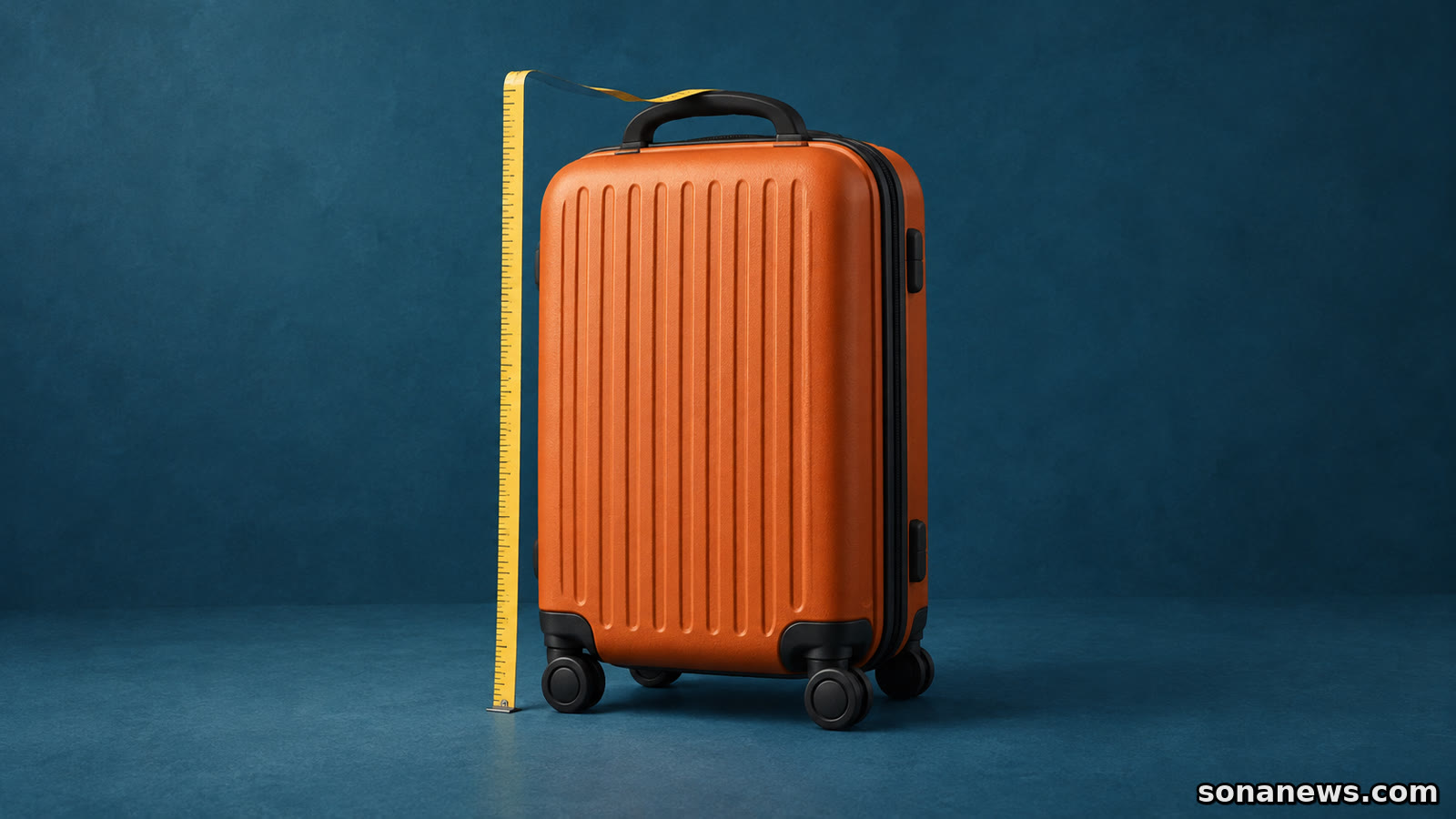 Ilustración de una maleta de cabina naranja con ruedas y asa negra, junto a una cinta amarilla que recorre su altura exterior.