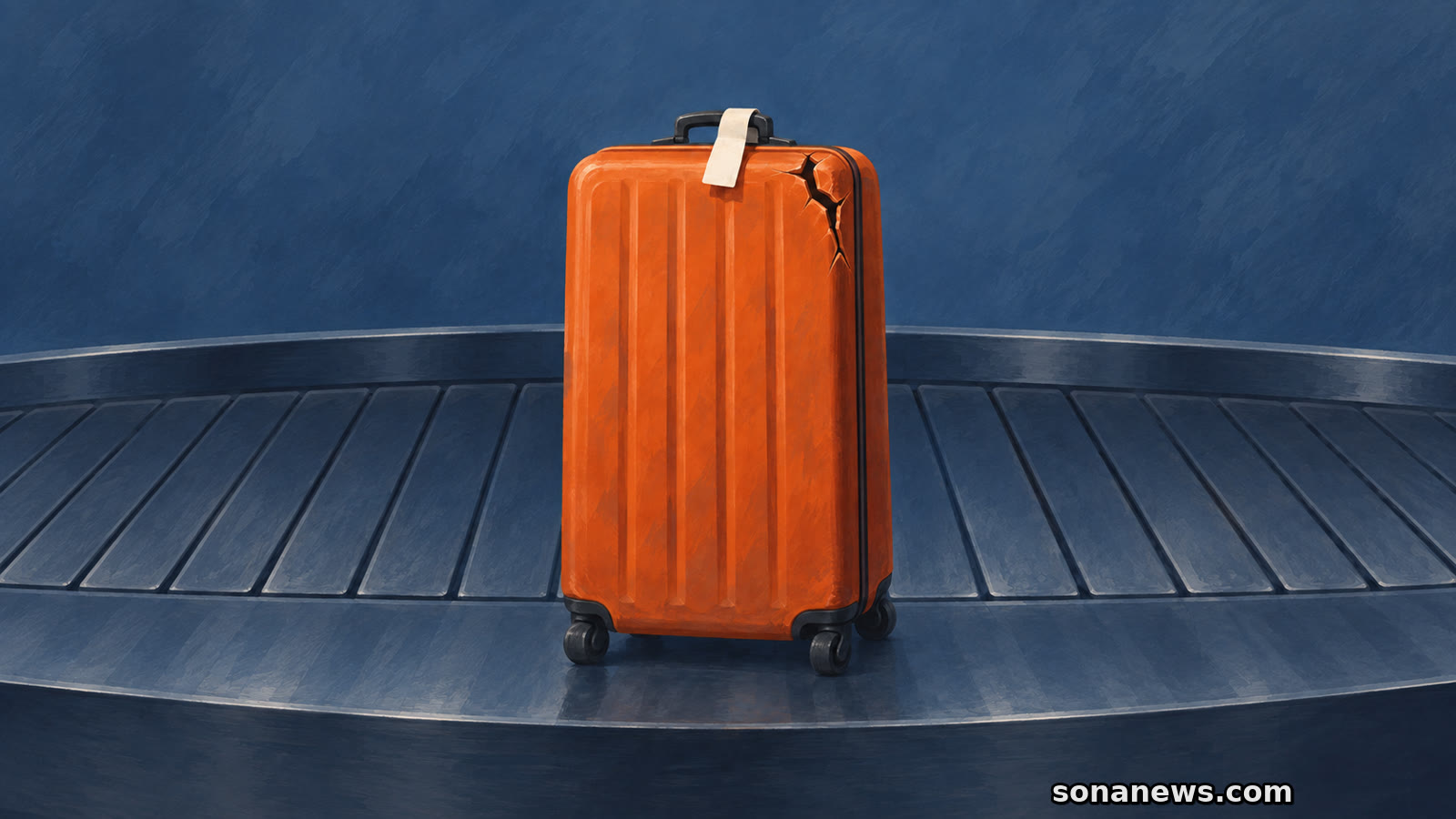 Ilustración de una maleta naranja con la carcasa agrietada y una etiqueta de equipaje en blanco sobre una cinta de recogida.