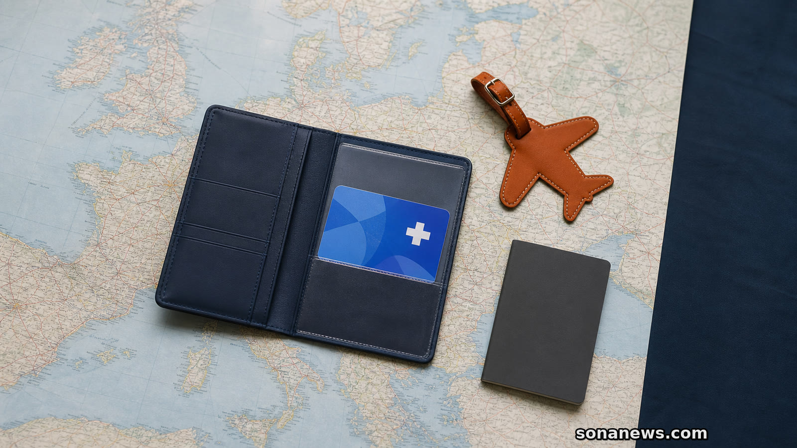 Tarjeta sanitaria azul en una cartera de viaje sobre un mapa europeo, separada de una etiqueta de equipaje y un cuaderno de seguro.