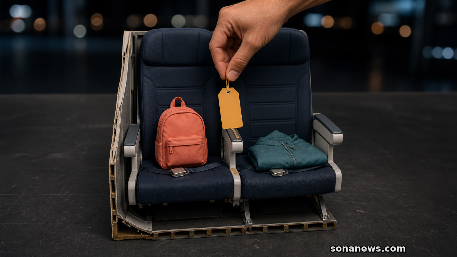 Maqueta de asientos de avión con mochila infantil, chaqueta adulta y una etiqueta de coste en retirada.
