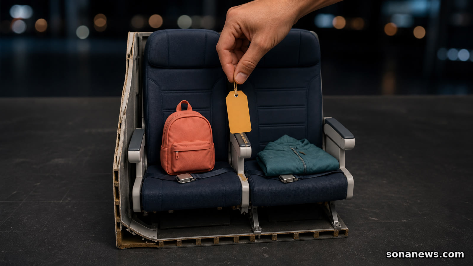 Maqueta de asientos de avión con mochila infantil, chaqueta adulta y una etiqueta de coste en retirada.