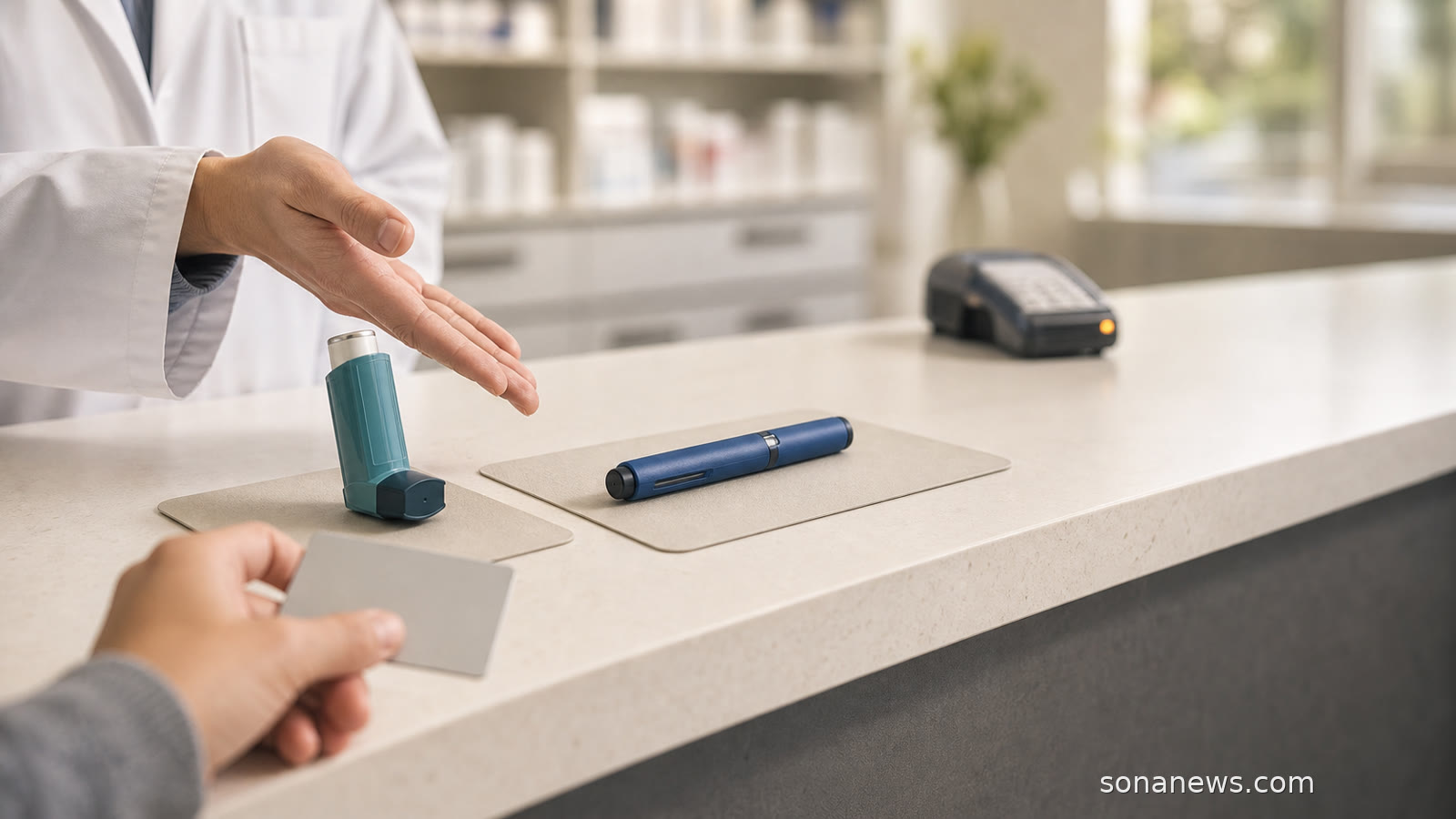 Stylo injectable et inhalateur comparés au comptoir d’une pharmacie, avec carte bancaire prête pour une éventuelle avance de frais.