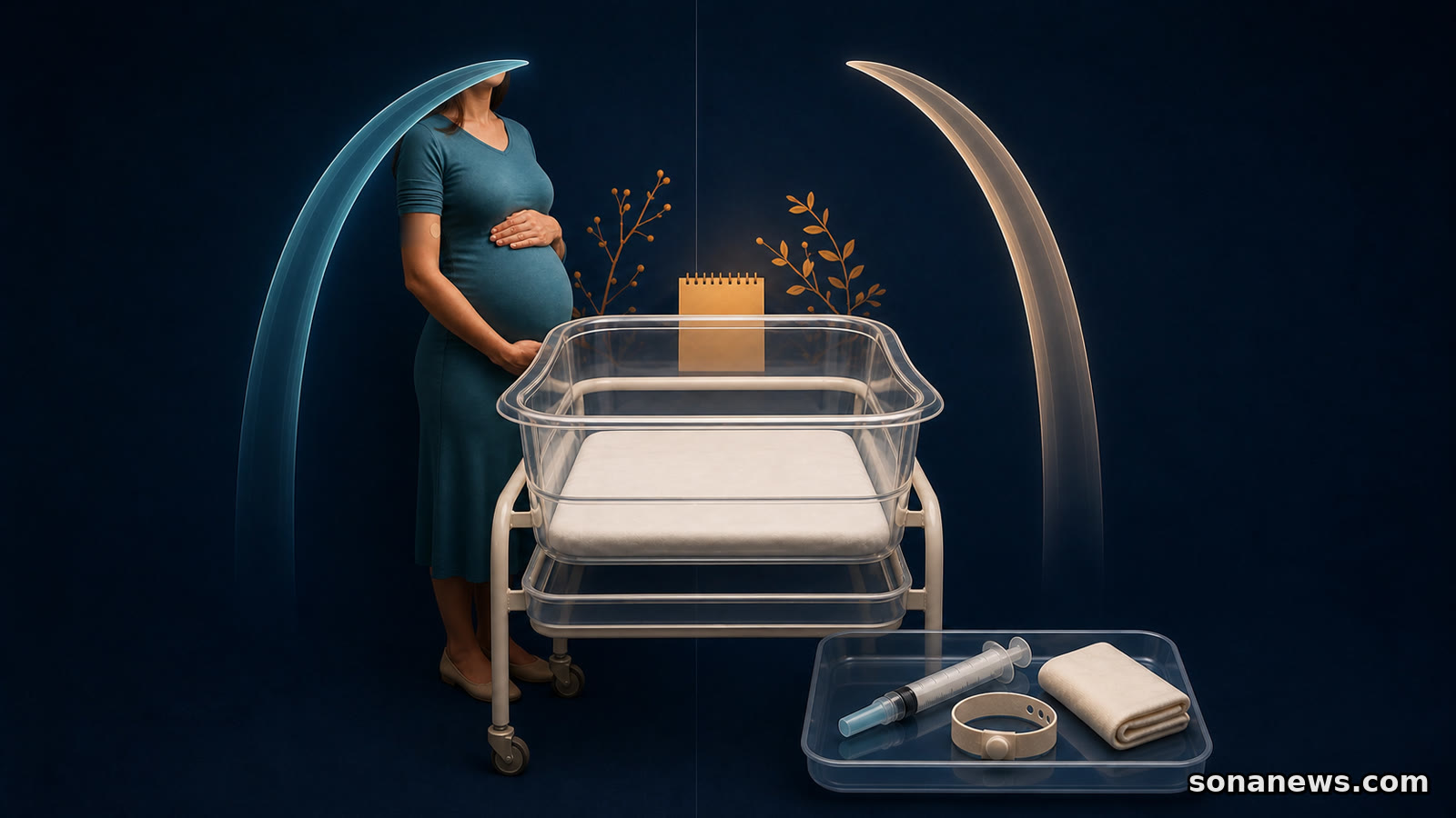 Une femme enceinte et une seringue encadrent un berceau vide sous deux arches séparées pour illustrer les stratégies contre le VRS.