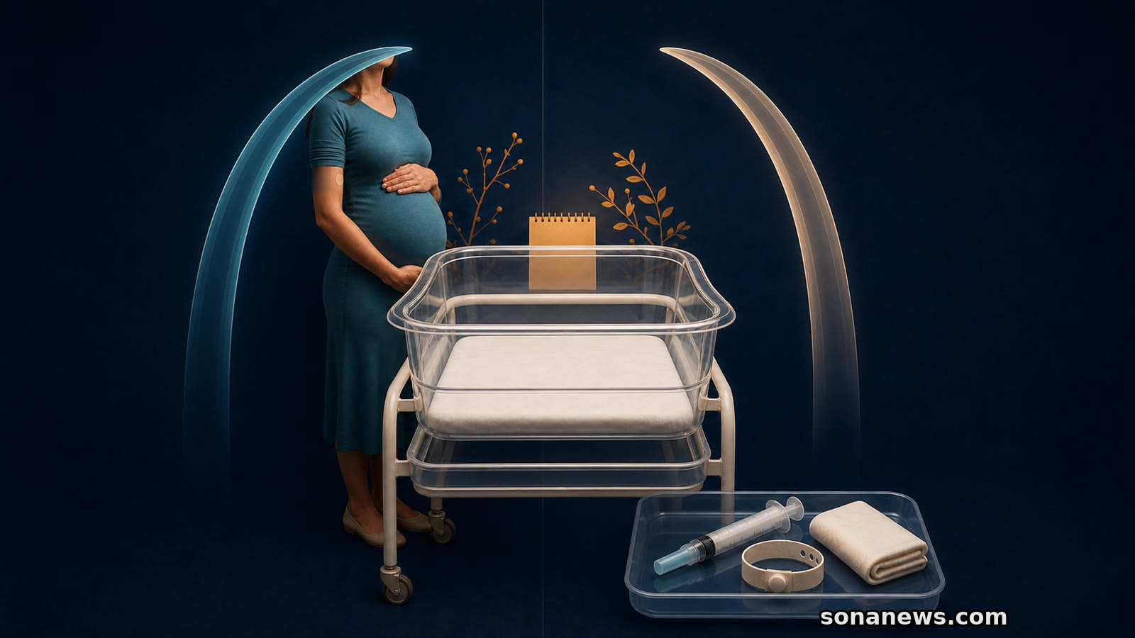 Une femme enceinte et une seringue encadrent un berceau vide sous deux arches séparées pour illustrer les stratégies contre le VRS.