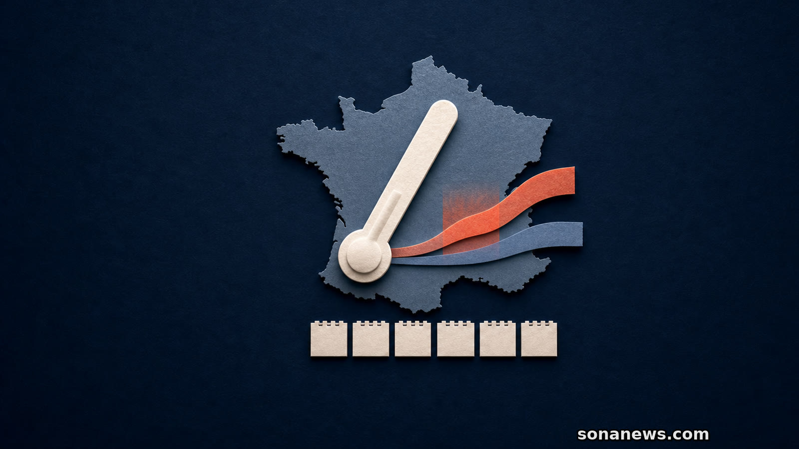 Un thermomètre traverse une France stylisée entre deux niveaux abstraits, l’un attendu en bleu et l’autre observé en corail pendant une canicule.