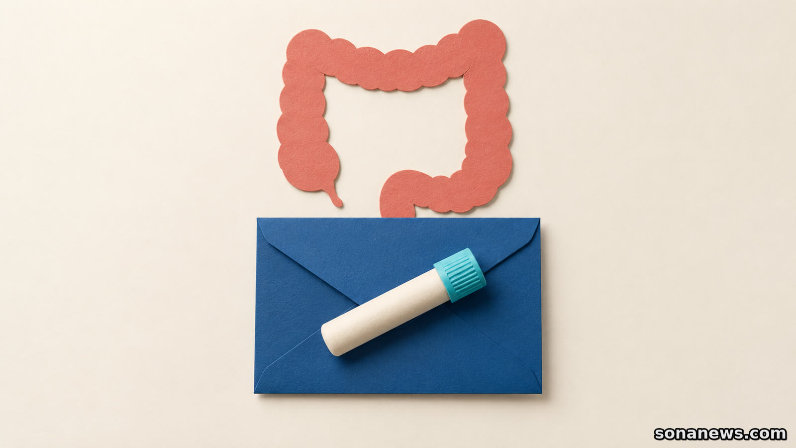 Tube de prélèvement fermé sur une enveloppe bleue, devant une silhouette de côlon en papier, illustrant l’envoi du test de dépistage colorectal.