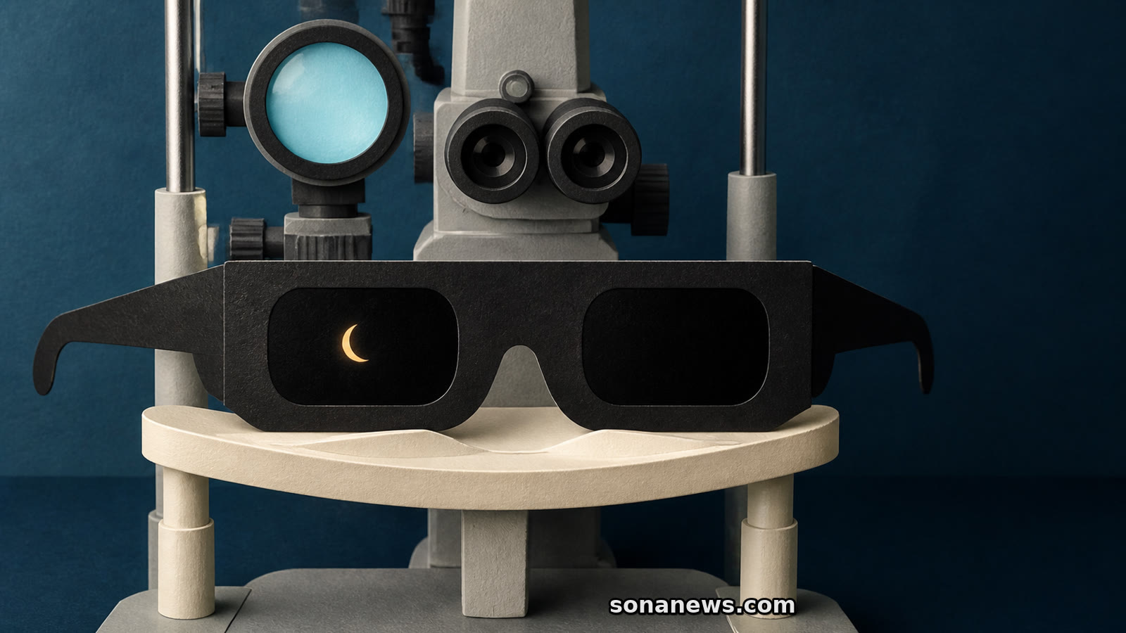 Des lunettes d’éclipse reposent sur une lampe à fente utilisée pour examiner les yeux après un trouble visuel.