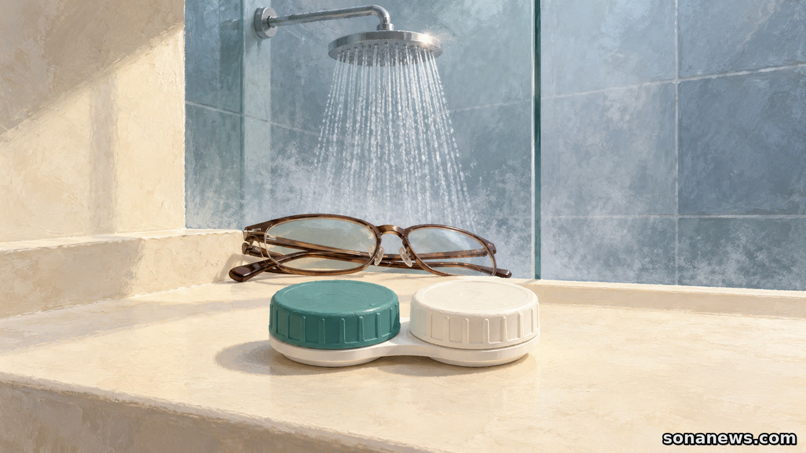 Un étui à lentilles de contact fermé et des lunettes restent au sec devant une douche séparée par une paroi vitrée.