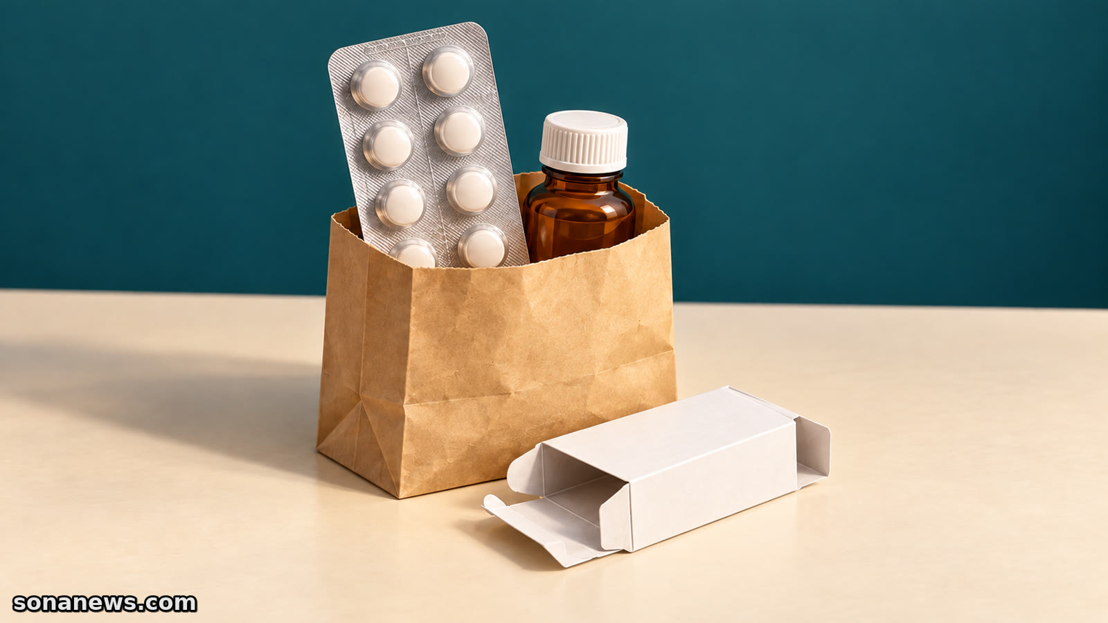 Plaquette de comprimés et flacon fermé dans un sac, séparés d’un étui en carton, illustration du retour des médicaments inutilisés en pharmacie.
