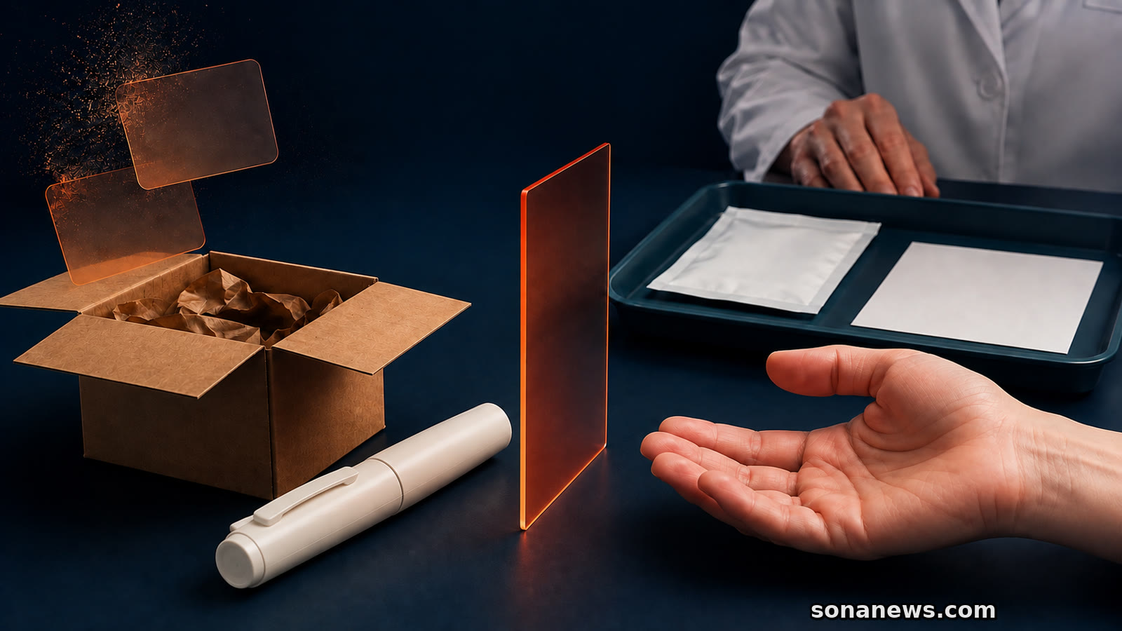 Un stylo injecteur sans marque reste bloqué entre un colis ouvert et un plateau de pharmacie, devant une main ouverte.