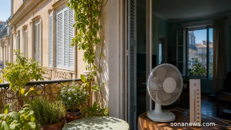Appartement français en période de canicule avec volets fermés, balcon végétalisé à l’ombre, ventilateur et thermomètre posés dans une pièce préparée pour rester fraîche.