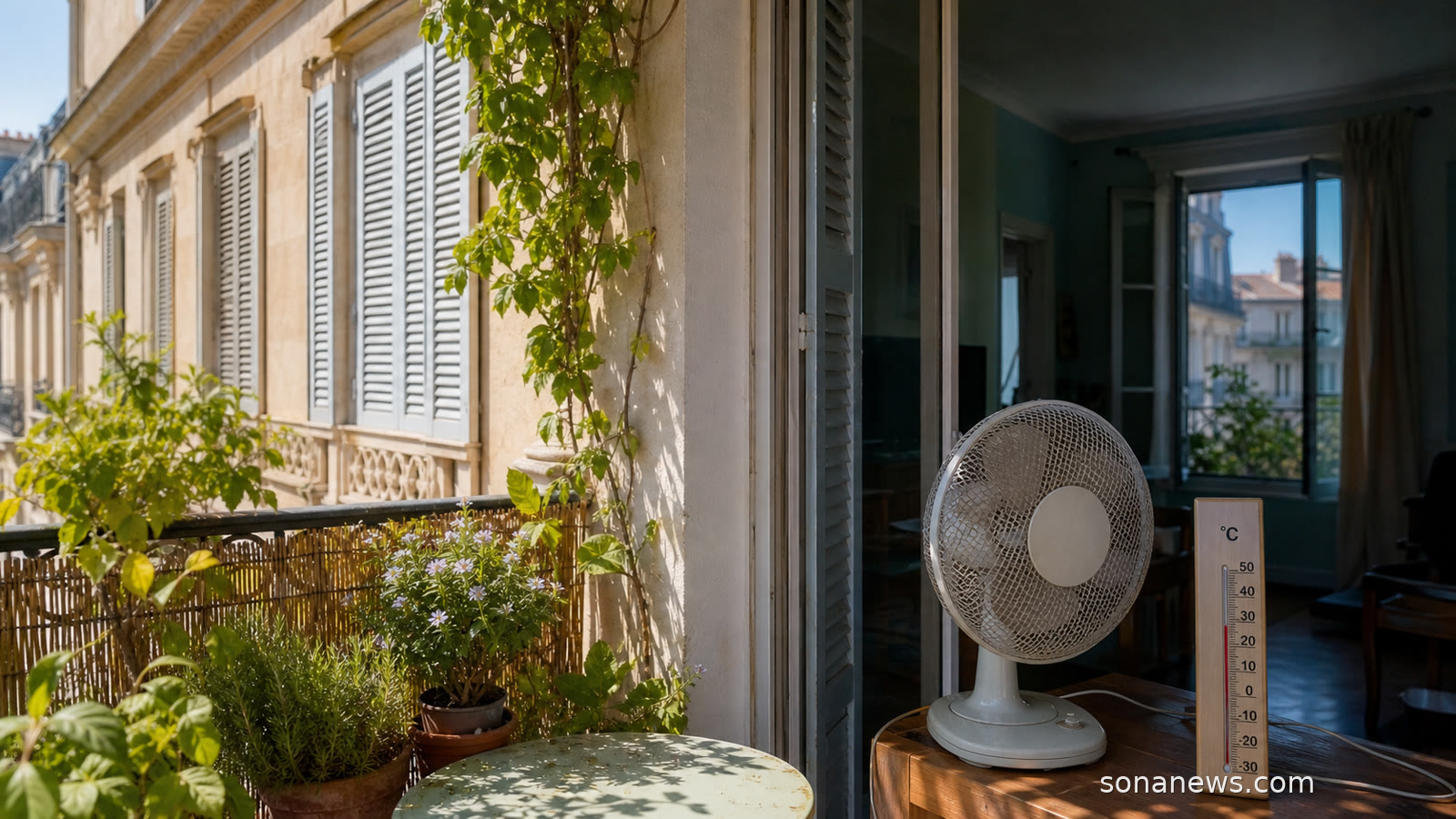 Appartement français en période de canicule avec volets fermés, balcon végétalisé à l’ombre, ventilateur et thermomètre posés dans une pièce préparée pour rester fraîche.
