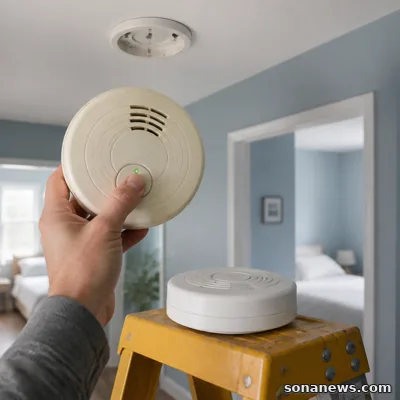 Une main teste un ancien détecteur de fumée décroché, tandis qu’un appareil neuf attend sur un escabeau.