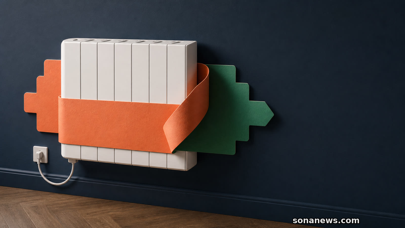 Radiateur électrique inchangé entouré d’une échelle énergétique conceptuelle dont une couche orange révèle un palier vert.