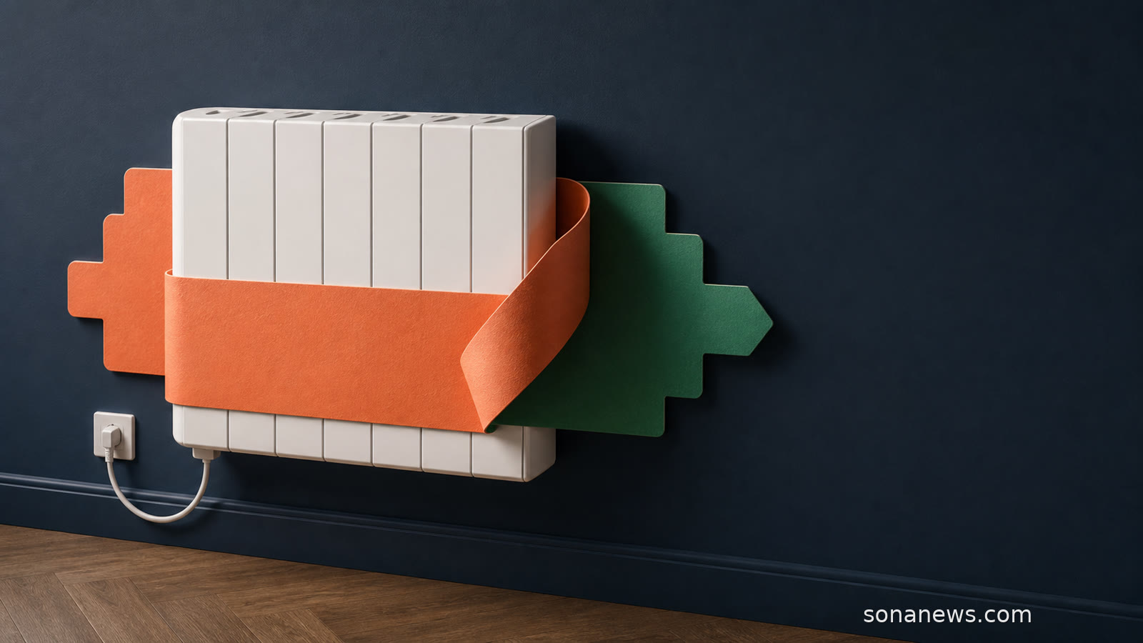 Radiateur électrique inchangé entouré d’une échelle énergétique conceptuelle dont une couche orange révèle un palier vert.