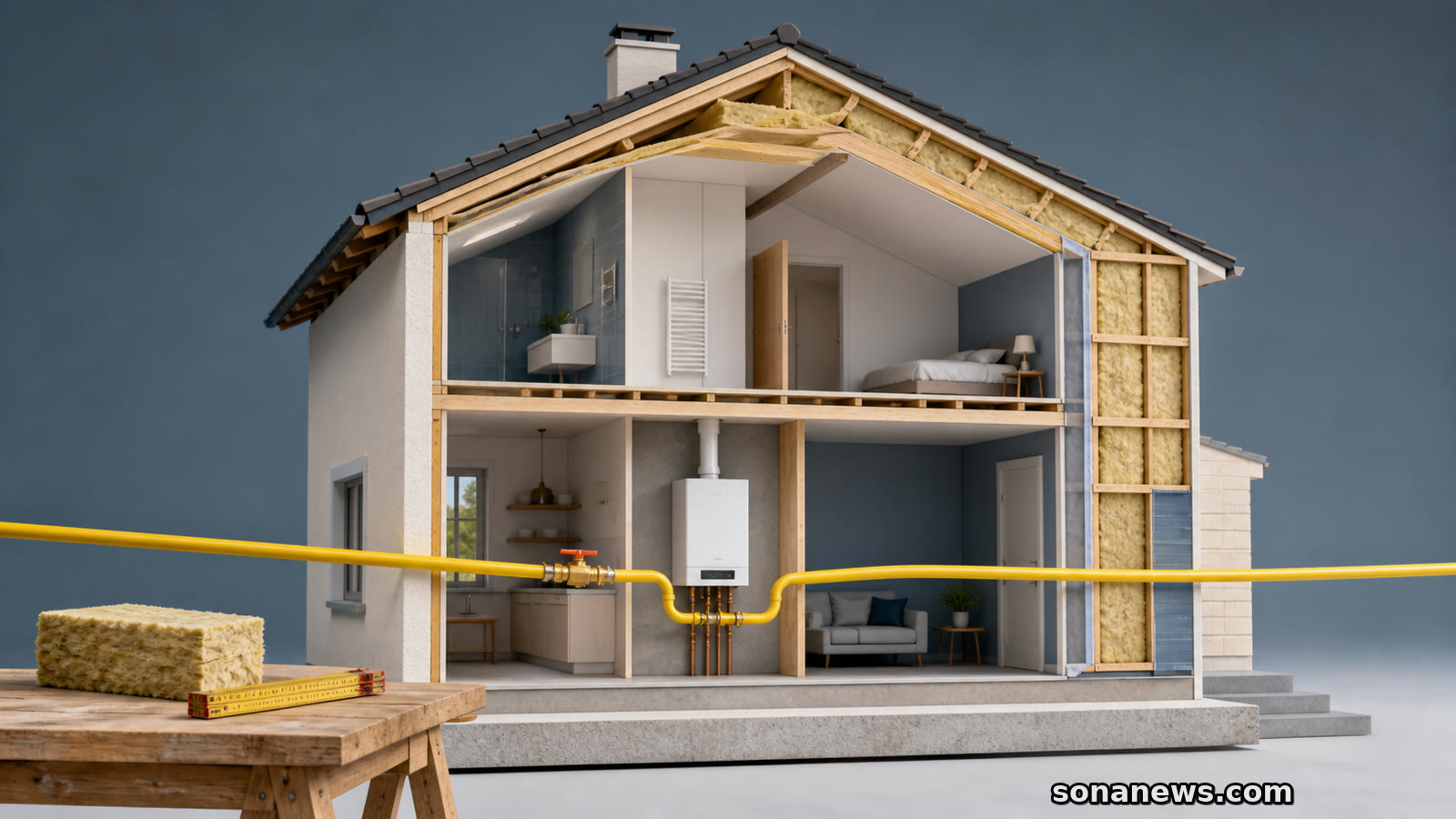 Dans une maison en coupe fraîchement isolée, un tuyau de gaz jaune reste relié à la chaudière et barre le chantier.