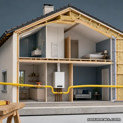 Dans une maison en coupe fraîchement isolée, un tuyau de gaz jaune reste relié à la chaudière et barre le chantier.