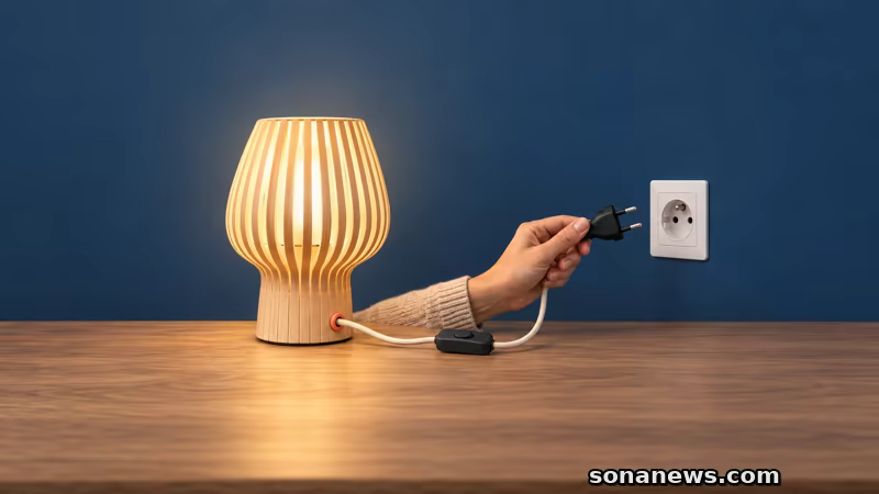 Une lampe en bois et son câble textile débranché près d’une prise murale.