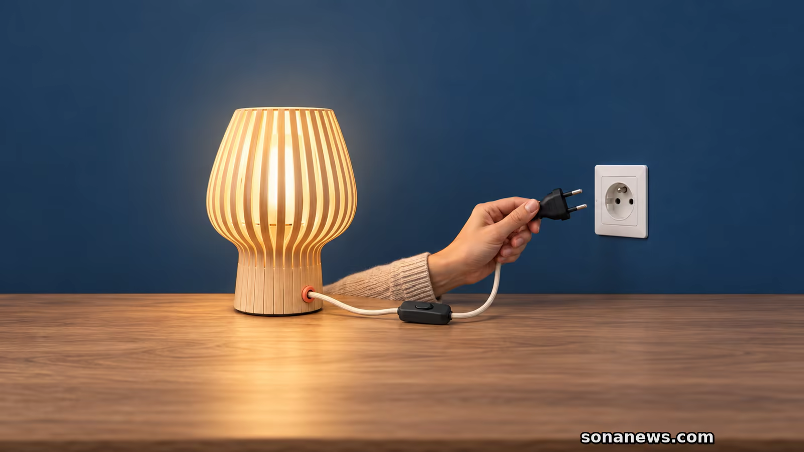 Une lampe en bois et son câble textile débranché près d’une prise murale.