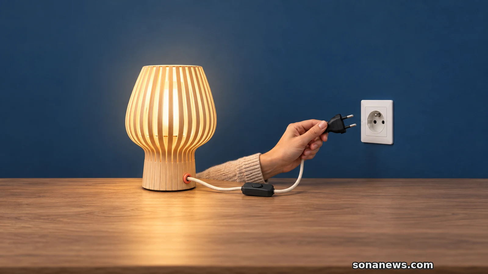 Une lampe en bois et son câble textile débranché près d’une prise murale.