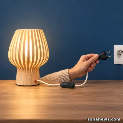 Une lampe en bois et son câble textile débranché près d’une prise murale.
