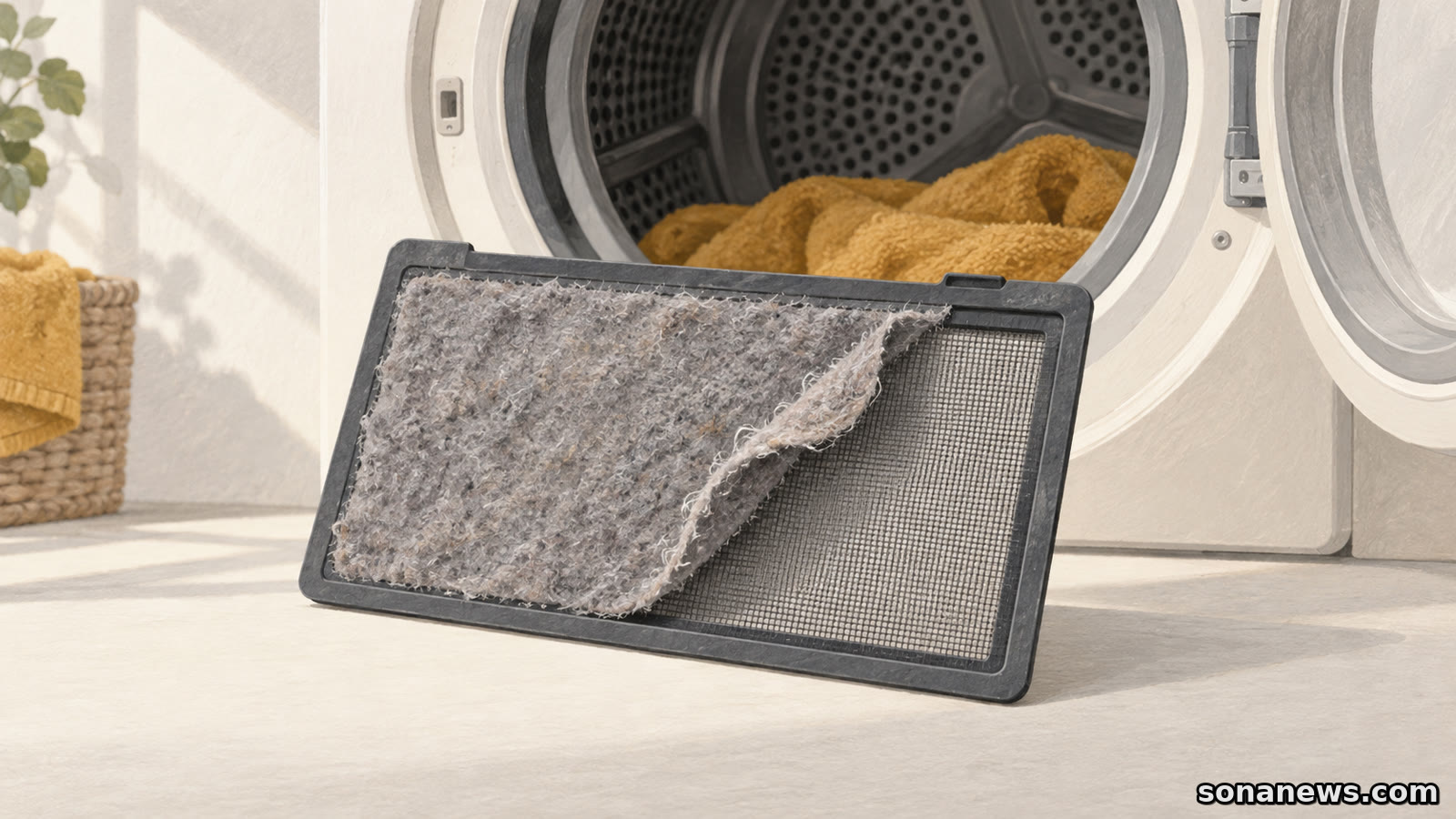 Illustration d’un filtre de sèche-linge dont une couche de peluches grises se détache, devant le tambour ouvert de l’appareil.