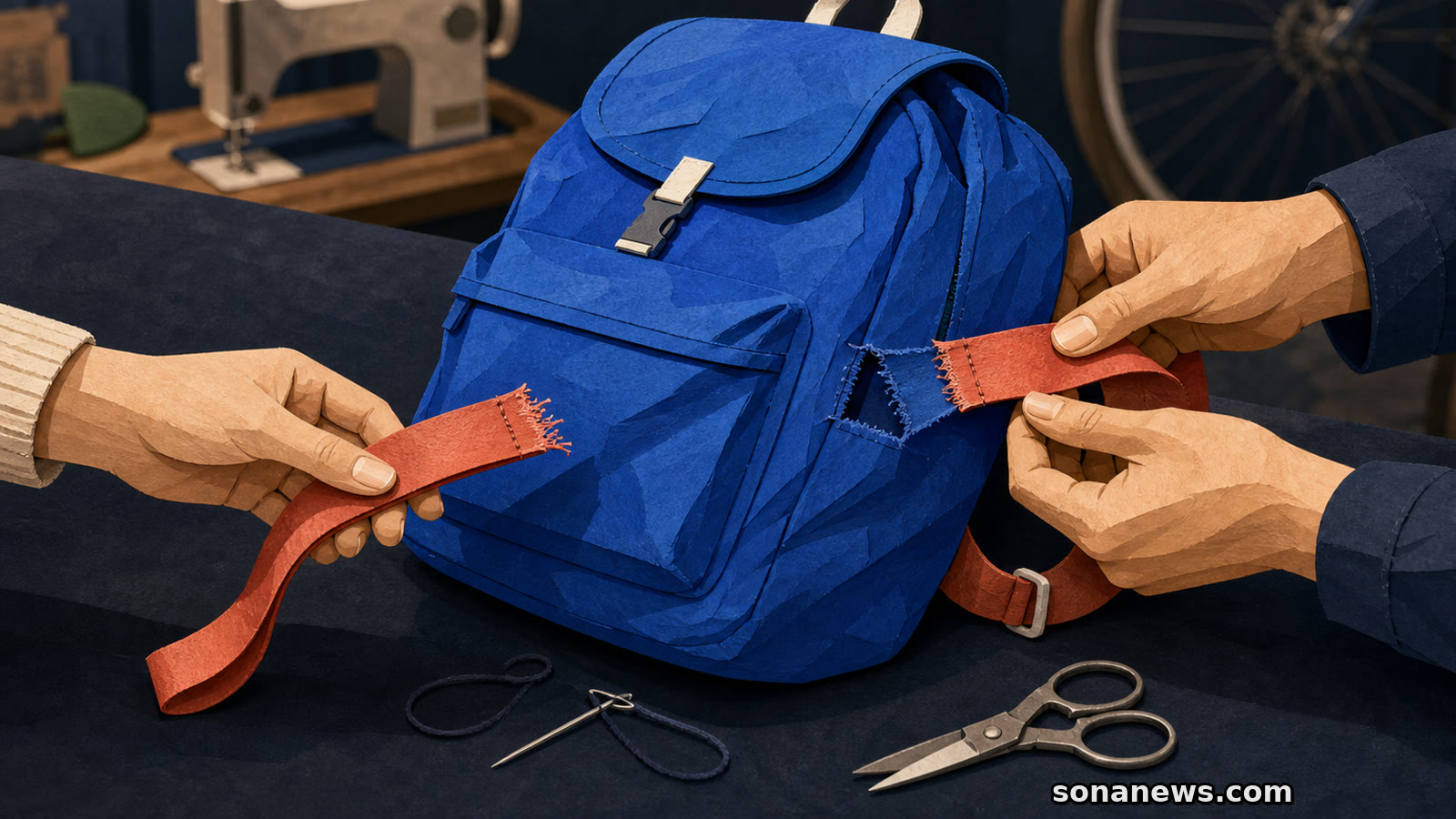 Un sac à dos bleu à la bretelle corail décousue passe entre les mains d’une cliente et d’un réparateur sur un comptoir d’atelier.