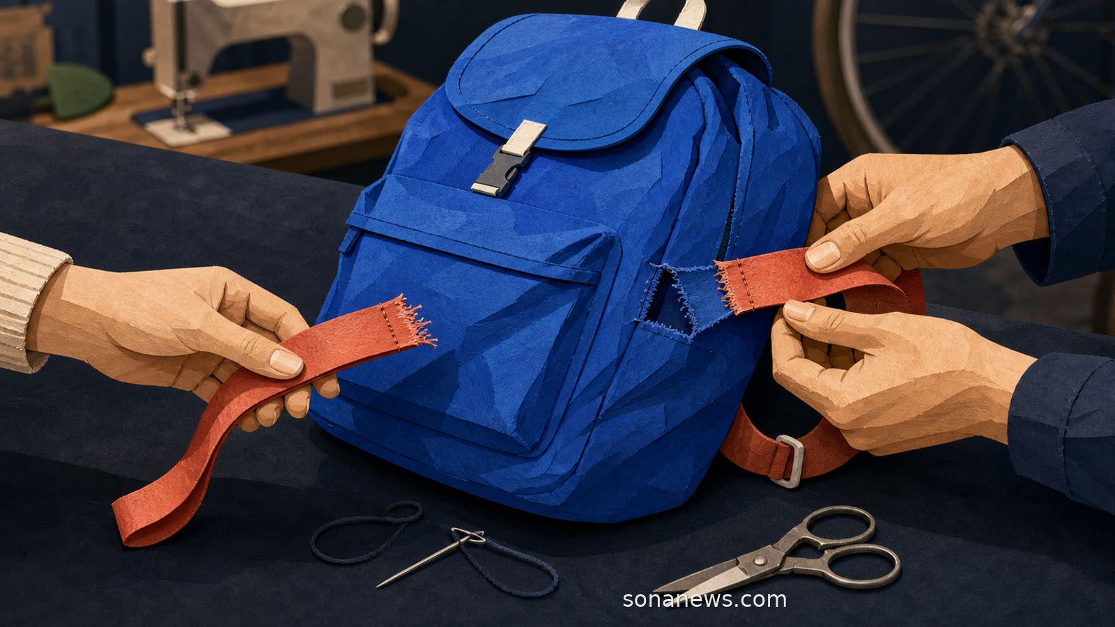 Un sac à dos bleu à la bretelle corail décousue passe entre les mains d’une cliente et d’un réparateur sur un comptoir d’atelier.