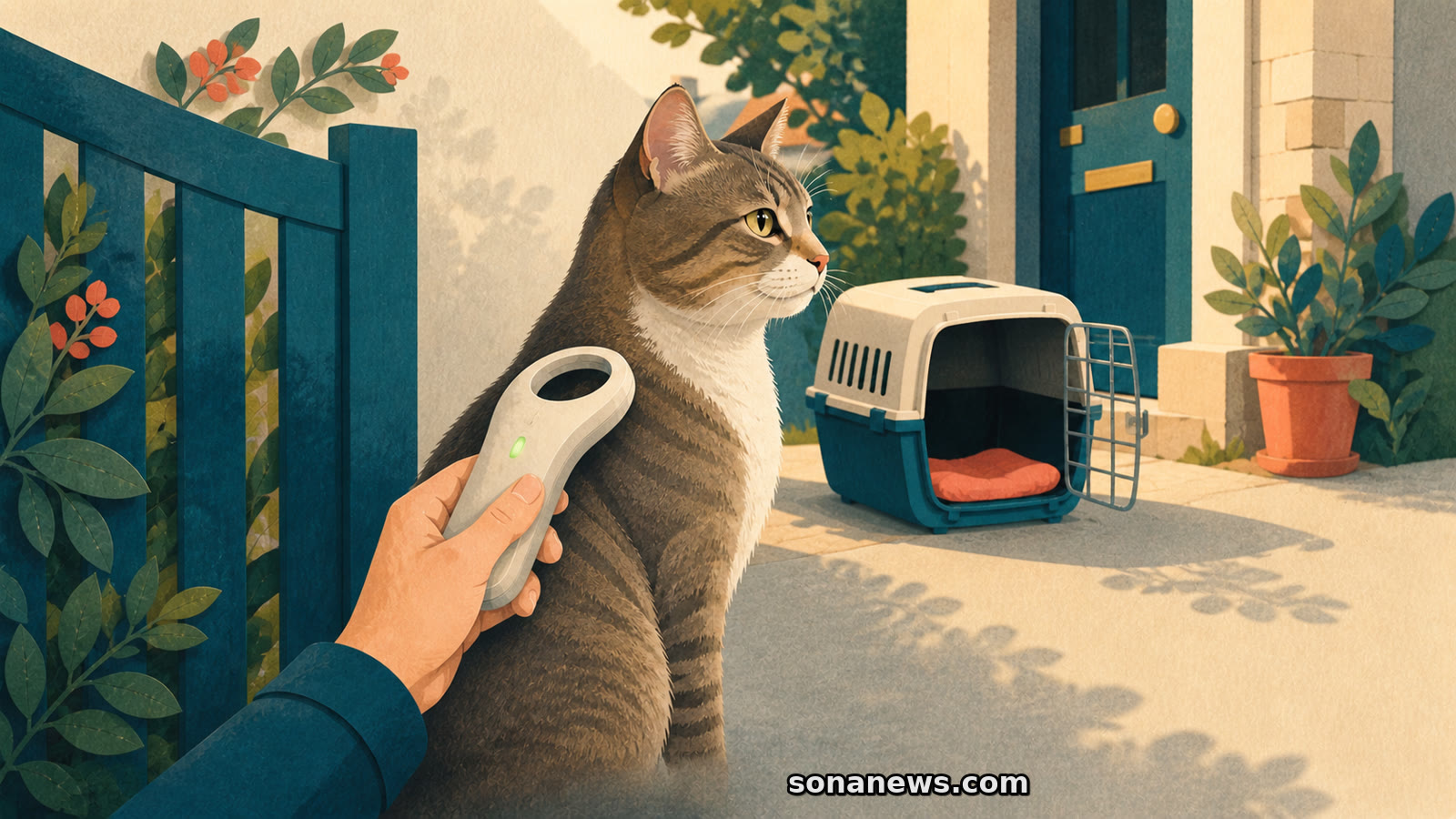 Un chat trouvé est scanné avec un lecteur de puce près d’un portail et d’une caisse de transport ouverte.