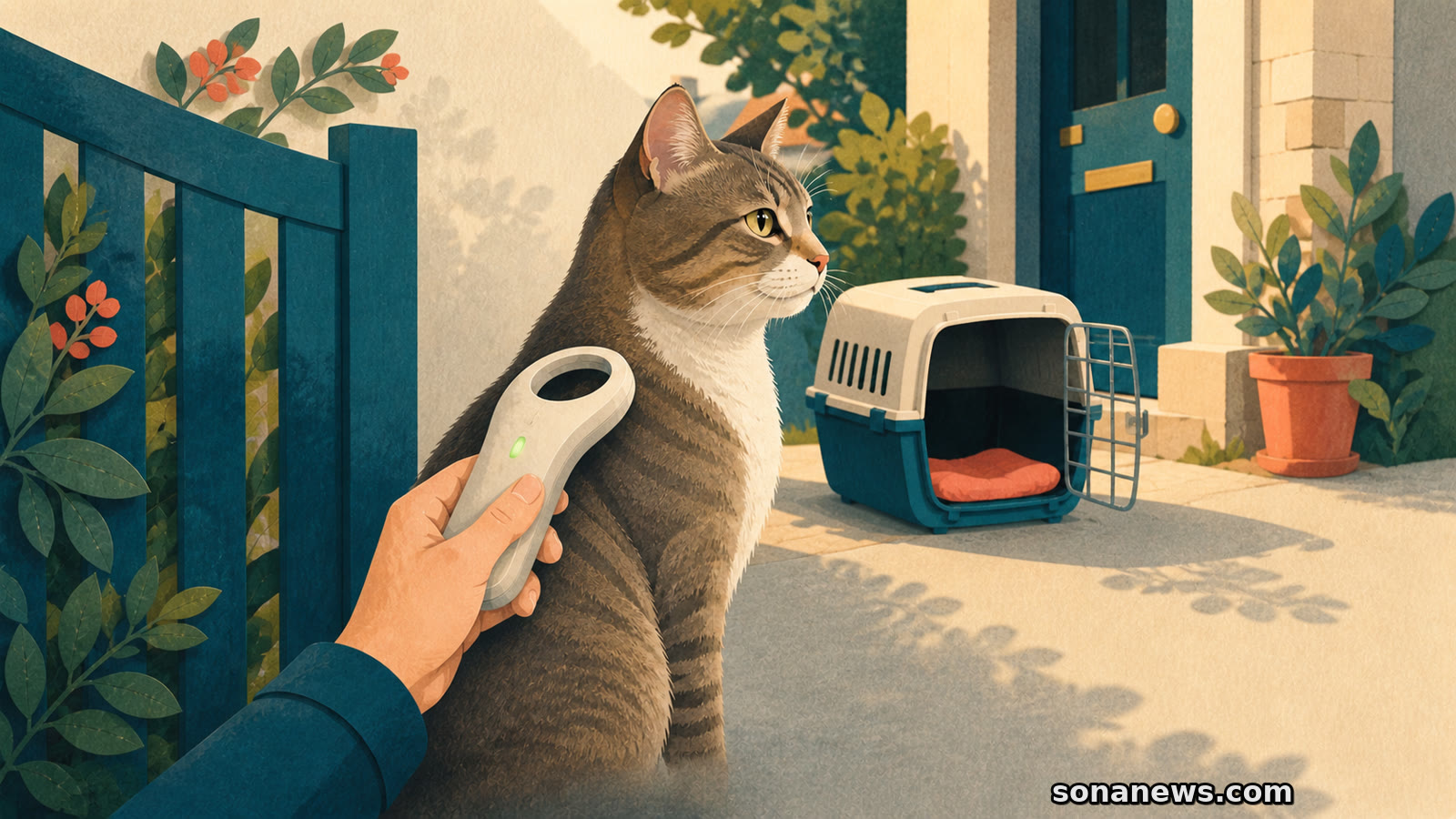 Un chat trouvé est scanné avec un lecteur de puce près d’un portail et d’une caisse de transport ouverte.