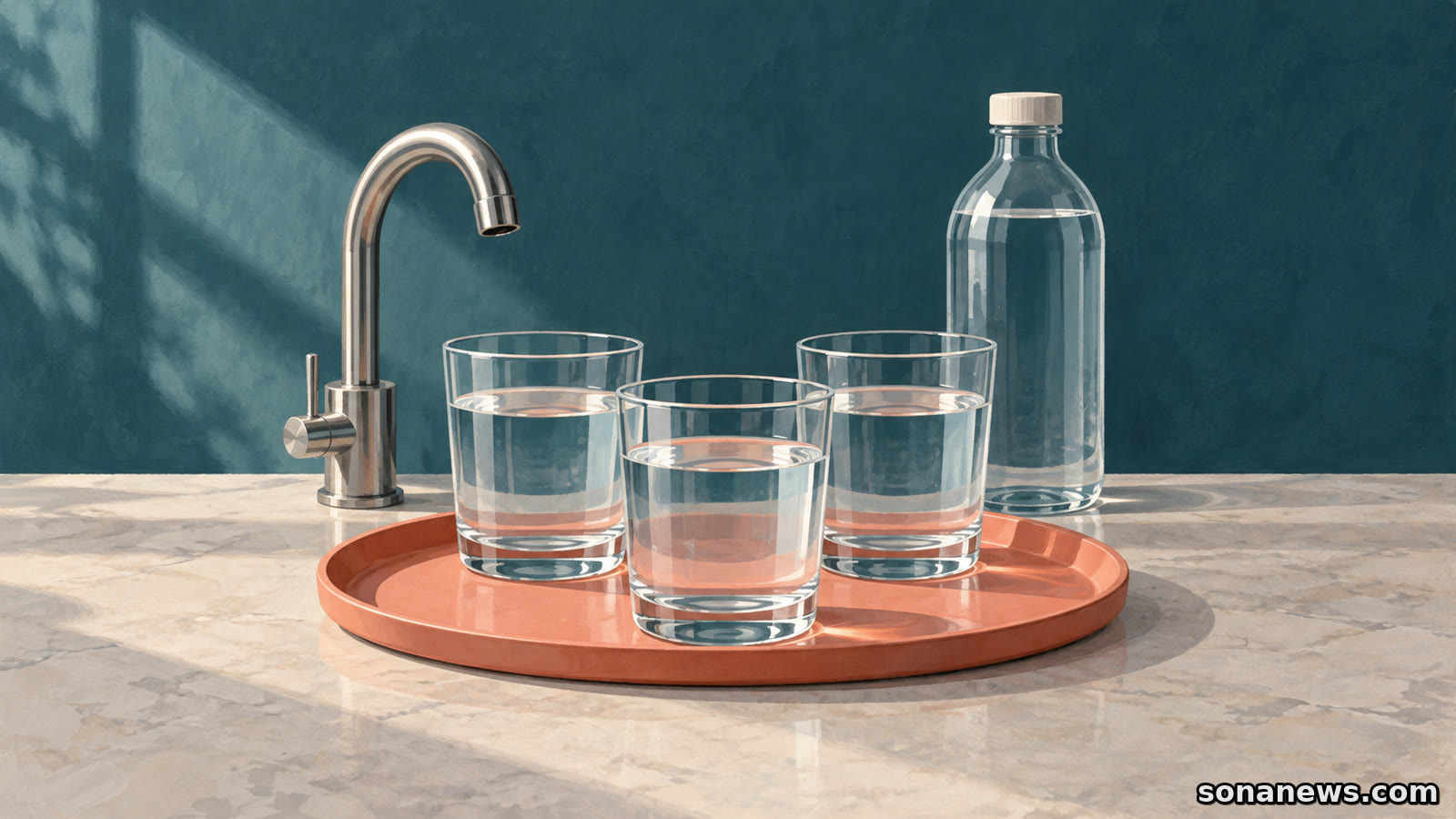 Illustration de verres d’eau réunis sur un plateau de dégustation, devant un robinet et une bouteille sans étiquette.