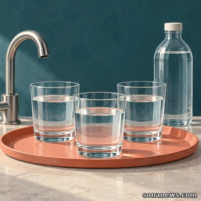 Illustration de verres d’eau réunis sur un plateau de dégustation, devant un robinet et une bouteille sans étiquette.