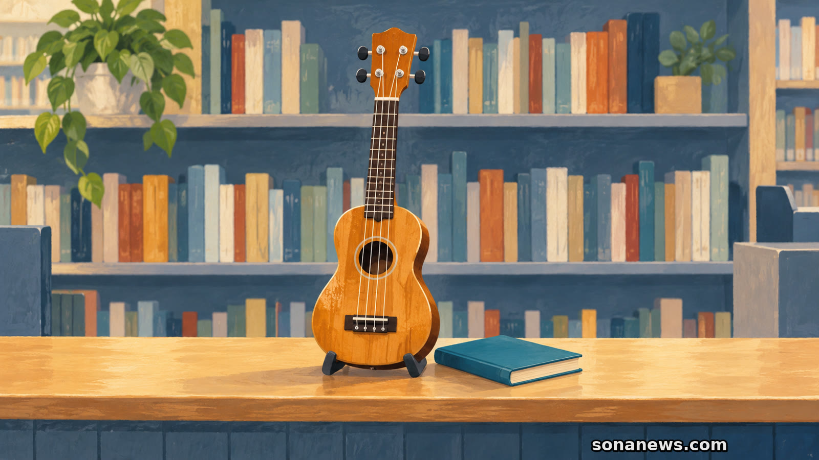 Un ukulélé à quatre cordes et un livre fermé sont posés sur un comptoir devant des rayonnages de bibliothèque.