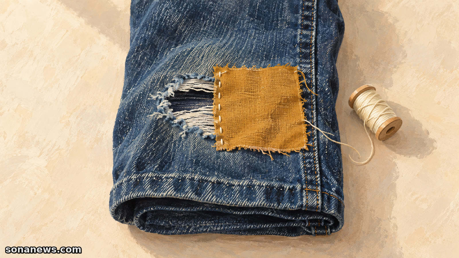 Jean bleu troué avec une pièce de tissu ocre partiellement cousue et une bobine de fil, illustration de la réparation textile.