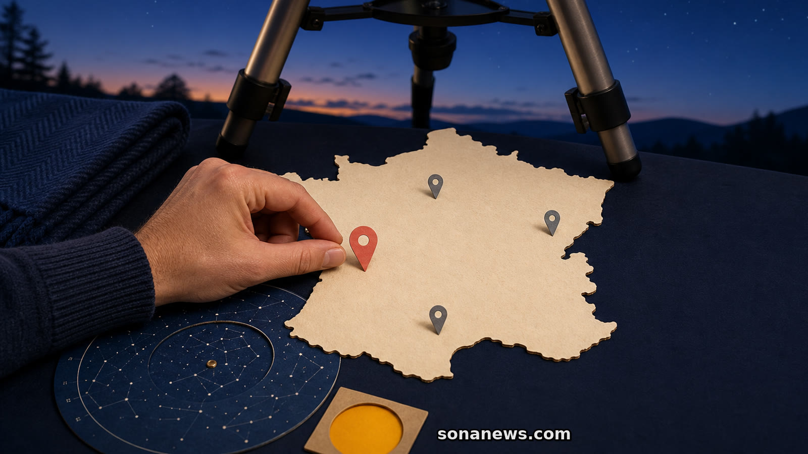Une main choisit un repère de Nuit des étoiles sur une carte de France placée sous un télescope et un planisphère.