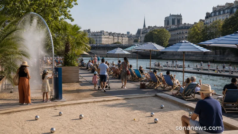 Transats, parasols, pétanque et brumisateurs sur les berges de Seine pour Paris Plages 2026, avec un pont parisien en arrière-plan.