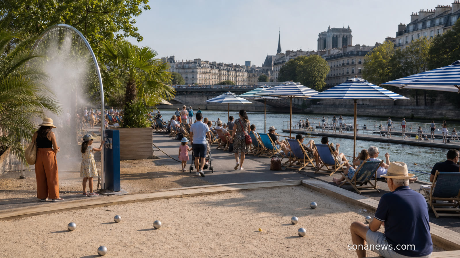 Transats, parasols, pétanque et brumisateurs sur les berges de Seine pour Paris Plages 2026, avec un pont parisien en arrière-plan.