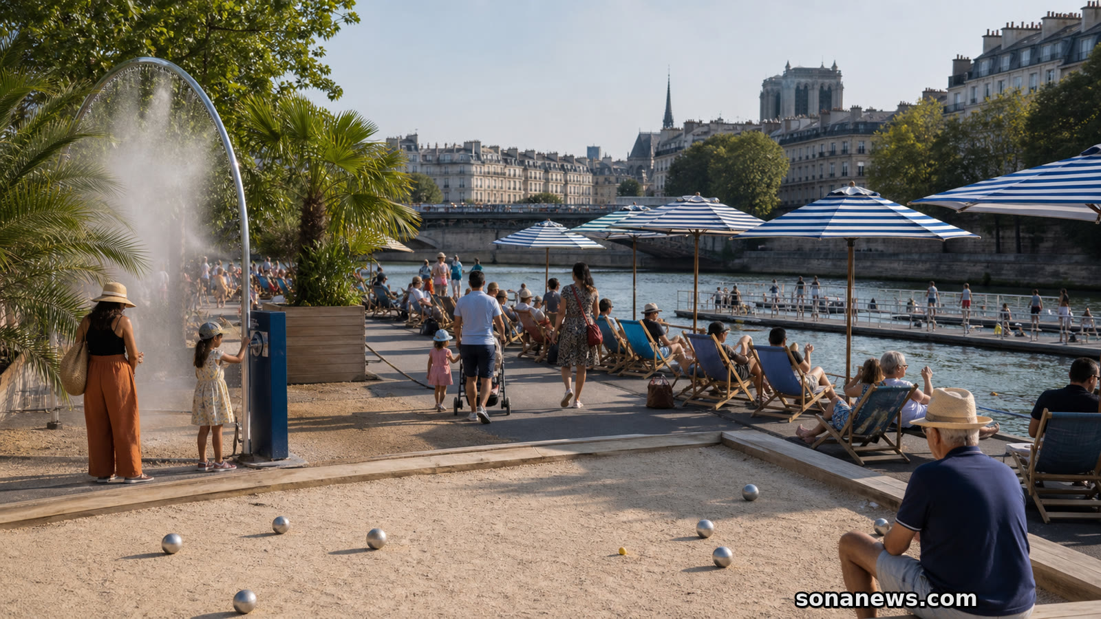 Transats, parasols, pétanque et brumisateurs sur les berges de Seine pour Paris Plages 2026, avec un pont parisien en arrière-plan.