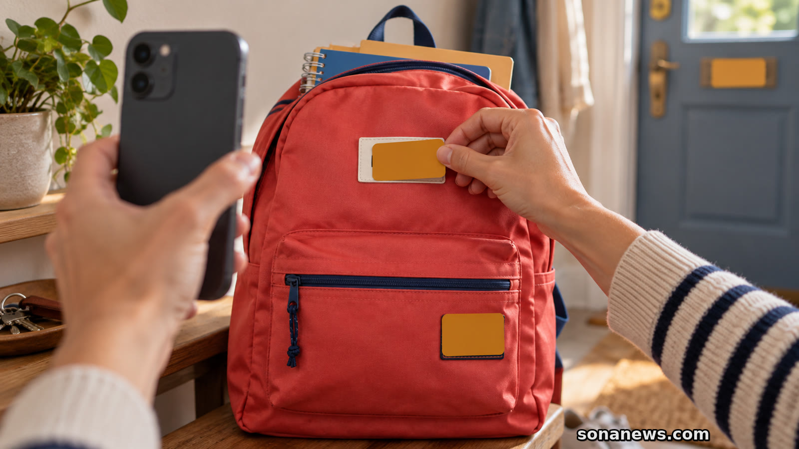 Une main masque l’étiquette d’un sac d’école corail pendant qu’un téléphone le photographie.