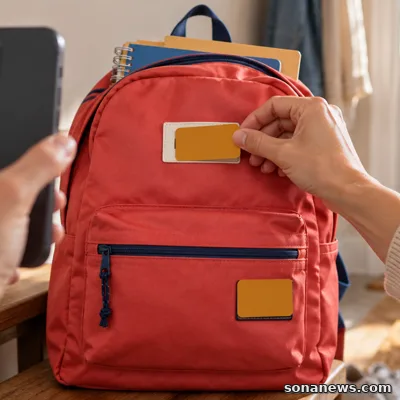 Une main masque l’étiquette d’un sac d’école corail pendant qu’un téléphone le photographie.