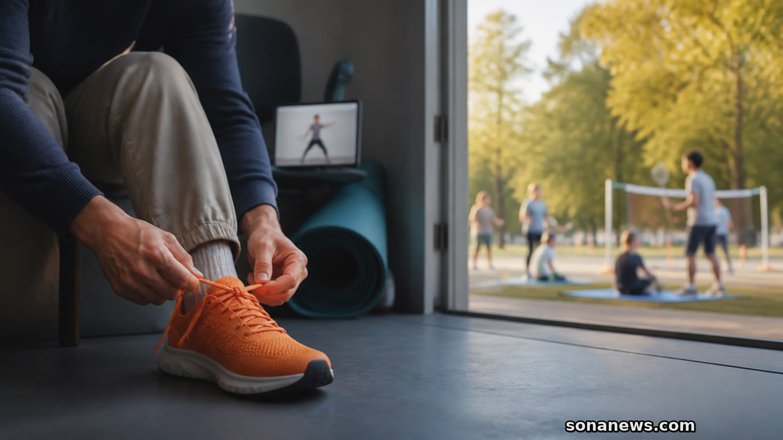 Une personne lace une chaussure orange entre un tapis d’exercice intérieur et des initiations sportives dans un parc.