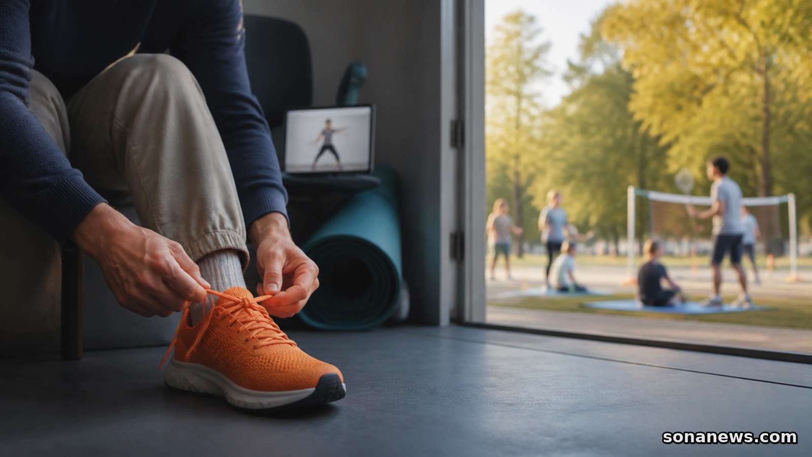 Une personne lace une chaussure orange entre un tapis d’exercice intérieur et des initiations sportives dans un parc.