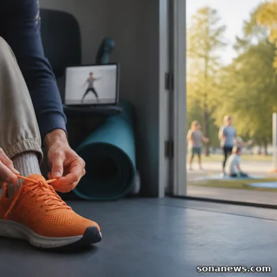 Une personne lace une chaussure orange entre un tapis d’exercice intérieur et des initiations sportives dans un parc.