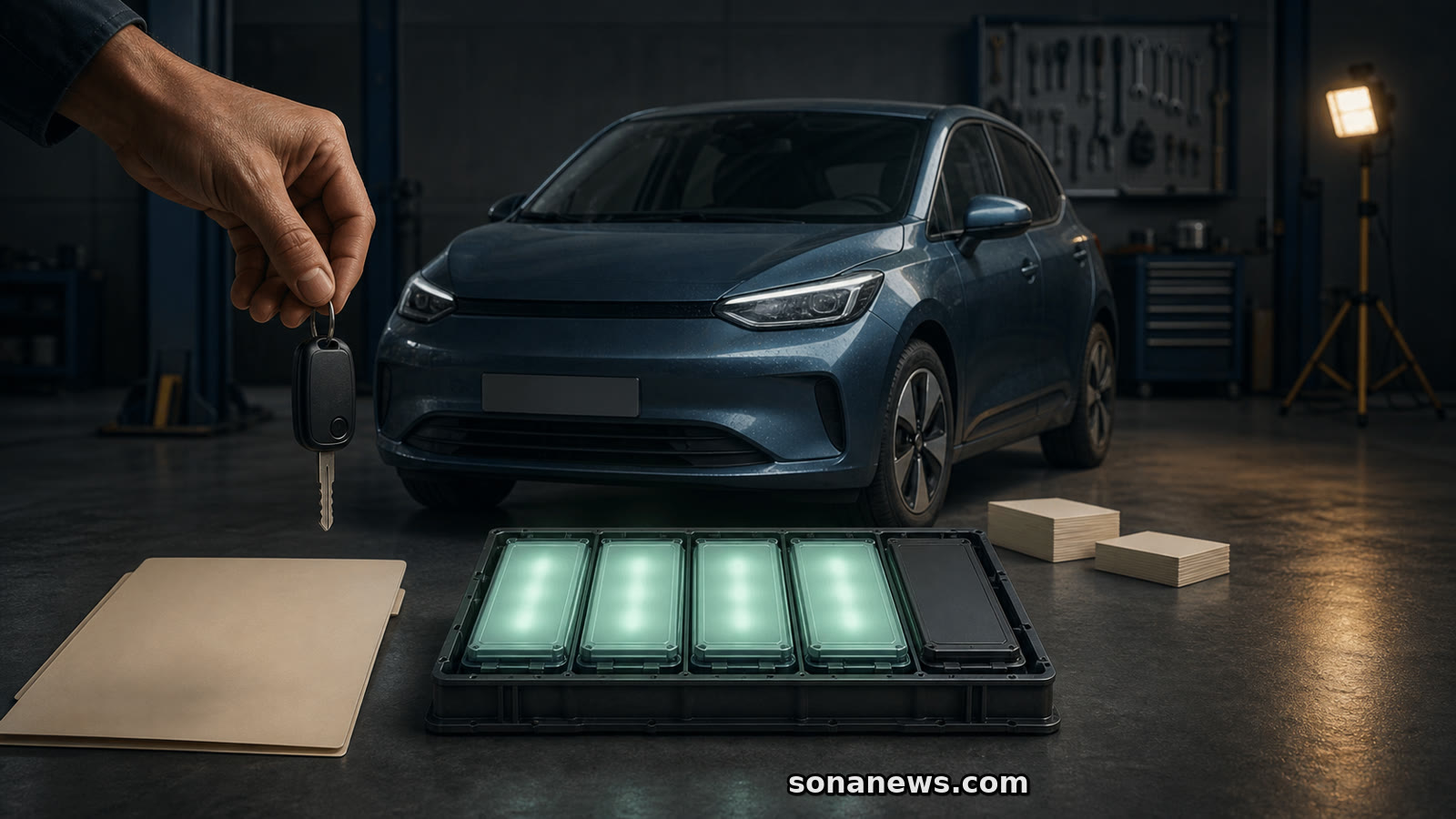 Une clé reste suspendue devant une voiture électrique d’occasion dont quatre grands modules de batterie apparaissent lumineux.