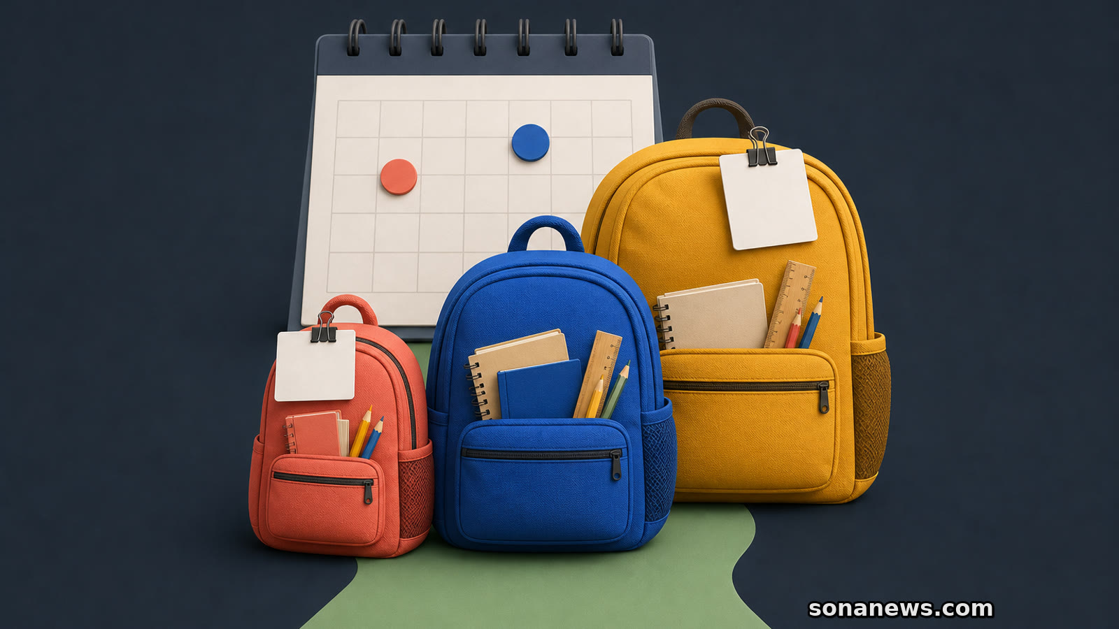 Trois sacs scolaires de tailles croissantes passent devant un calendrier, deux portant une carte de vérification vierge.