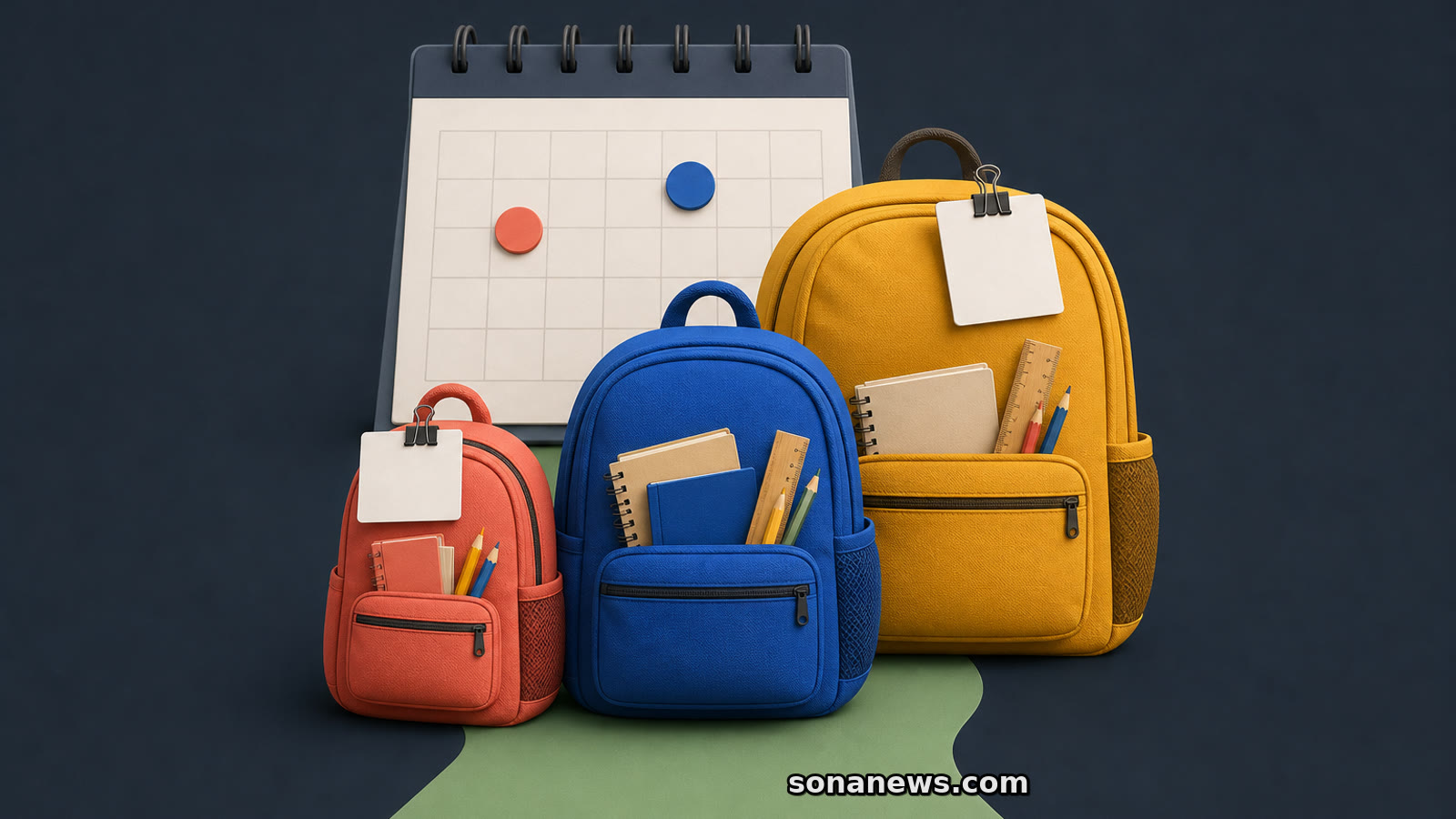Trois sacs scolaires de tailles croissantes passent devant un calendrier, deux portant une carte de vérification vierge.