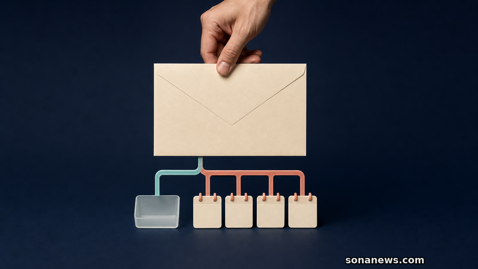 Enveloppe d’avis d’impôt au-dessus de deux voies, un virement turquoise et quatre échéances corail, sur fond bleu sombre.