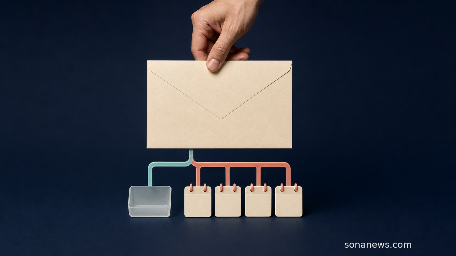 Enveloppe d’avis d’impôt au-dessus de deux voies, un virement turquoise et quatre échéances corail, sur fond bleu sombre.