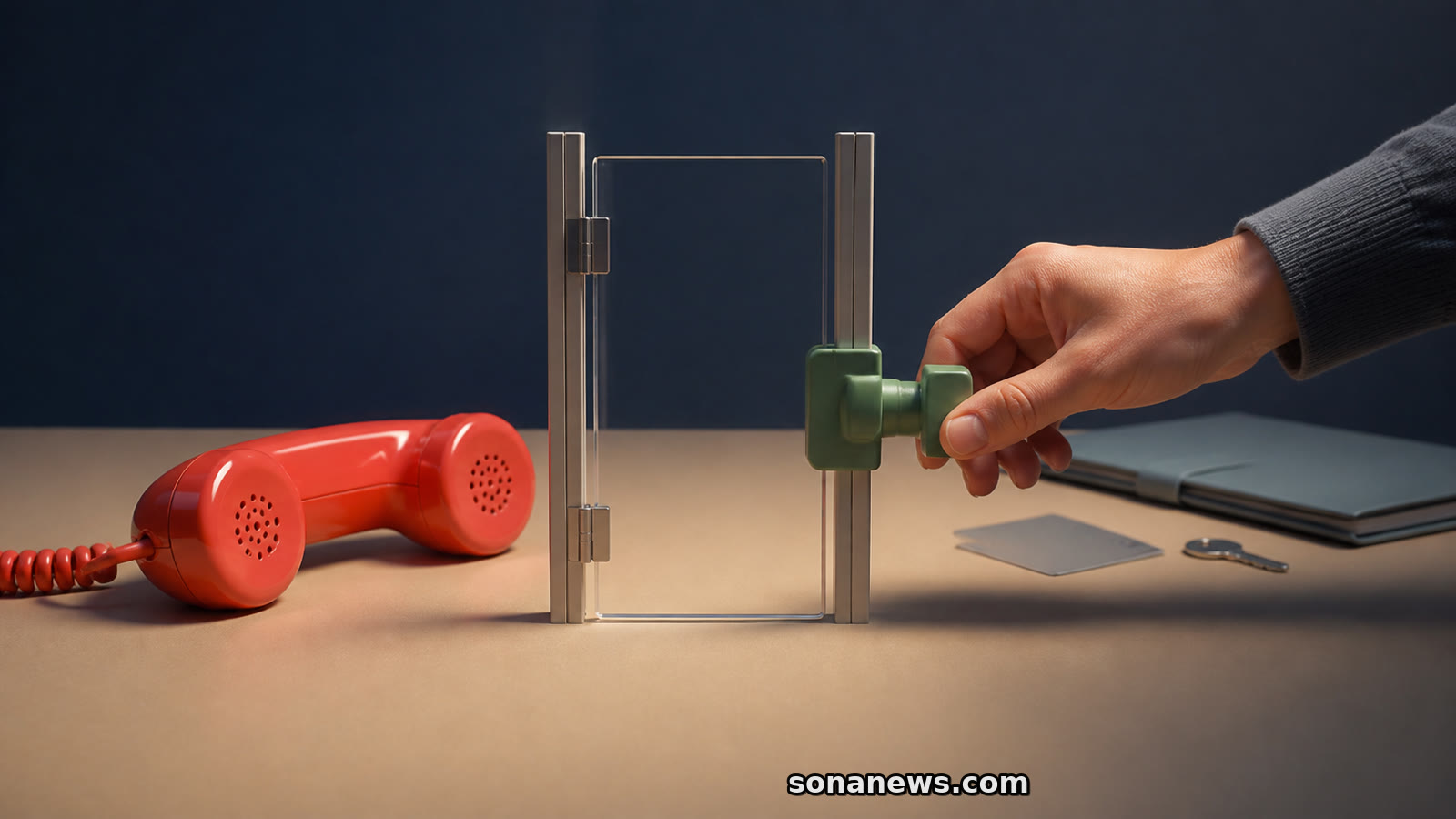 Un combiné rouge reste devant une barrière pendant qu’une main actionne le loquet vert du consentement au démarchage téléphonique.